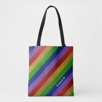 Bright and Sparkly Rainbow Faux Glitter Striped Tote Bag
