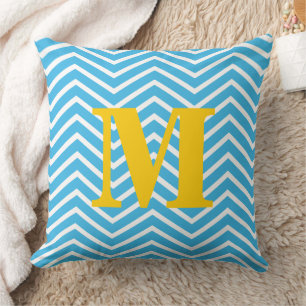 Bright Aqua and White with Yellow Monogram Zig Zag Throw Pillow