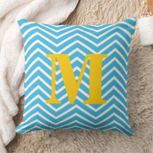 Bright Aqua and Yellow Monogram Zig Zag Throw Pillow
