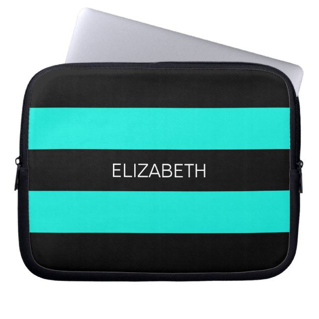 Bright Aqua Black Horiz Preppy Stripe #3 Monogram Laptop Sleeve (Front)