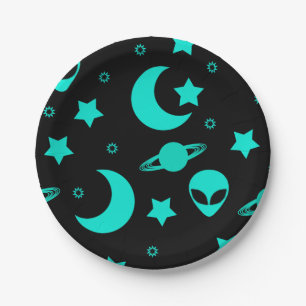 Bright Aqua Blue Alien Heads in Outer Space Paper Plate