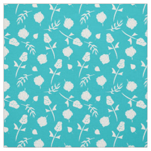 Bright Aqua Blue and White Rosebud Floral Pattern Fabric