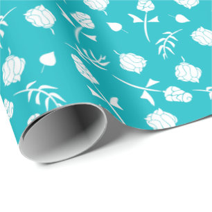 Bright Aqua Blue and White Rosebud Floral Pattern Wrapping Paper