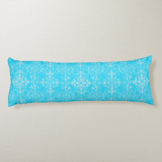 Bright Aqua Blue Double Damask Pattern Body Pillow (Back)