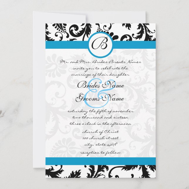 Bright Aqua Damask Faire-part de mariage 5 x 7 (Devant)