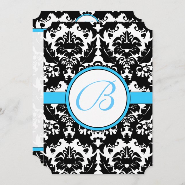 Bright Aqua Damask Heart Swirls Faire-part de mari (Devant / Derrière)