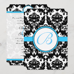 Bright Aqua Damask Heart Swirls Wedding Invitation