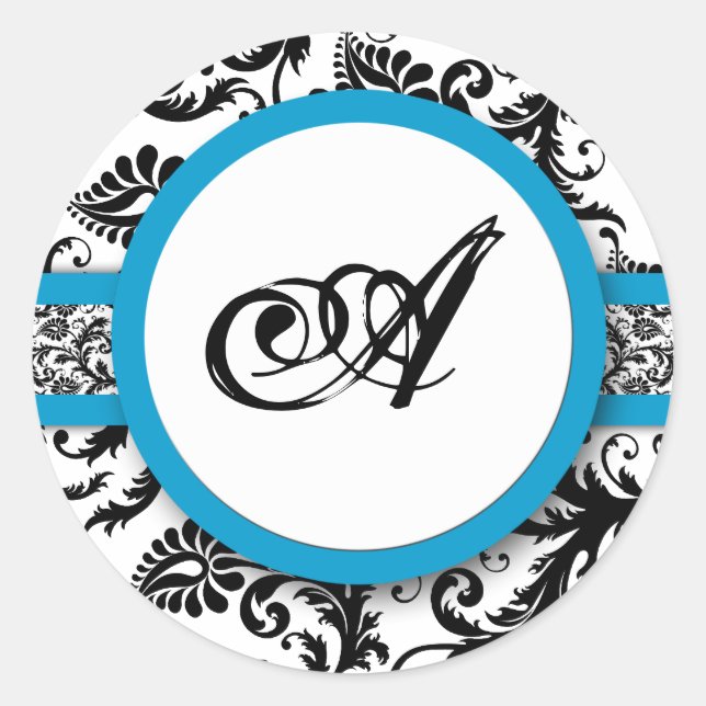 Bright Aqua Damask Monogram Stickers de mariage (Devant)