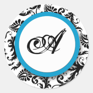 Bright Aqua Damask Monogram Stickers de mariage
