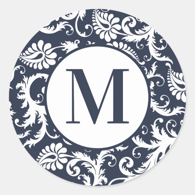 Bright Aqua Damask Monogram Wedding Stickers (Front)