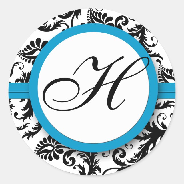 Bright Aqua Damask Monogram Wedding Stickers (Front)