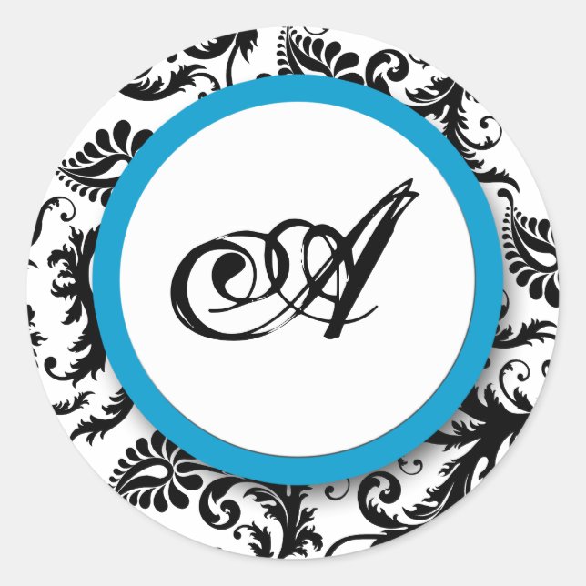 Bright Aqua Damask Monogram Wedding Stickers (Front)