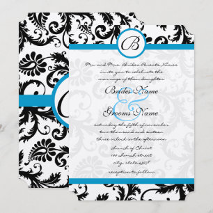 Bright Aqua Damask Swirls Wedding Invitation 5 x 7