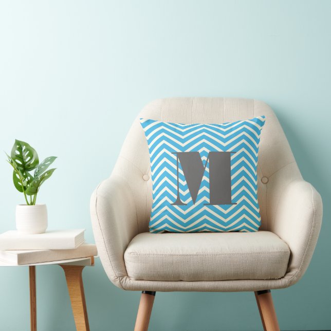 Bright Aqua Ivory and Grey Monogram Zig Zag Throw Pillow (Chair)
