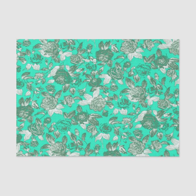 Bright Aqua Teal Floral Print Pattern Tissue Paper (Front)