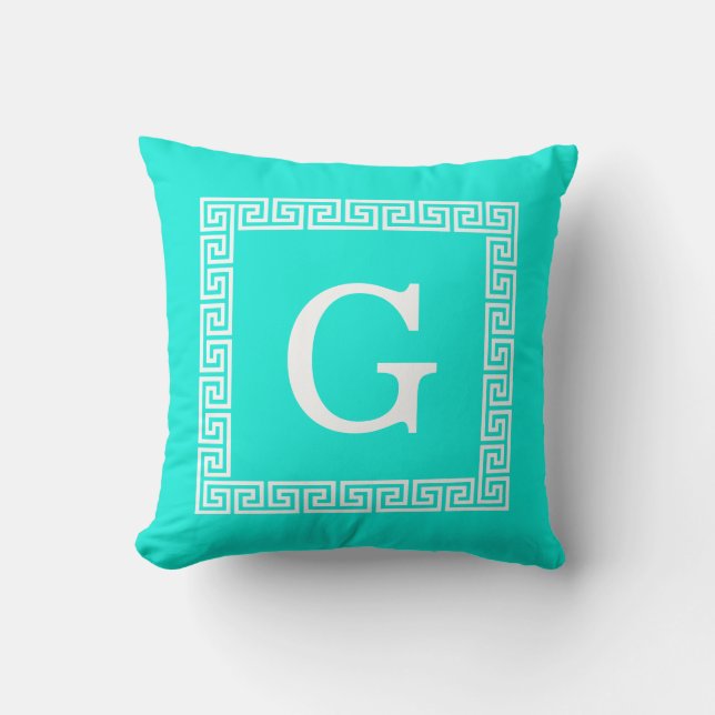 Bright Aqua White Greek Key #1 Framed Monogram Throw Pillow (Front)