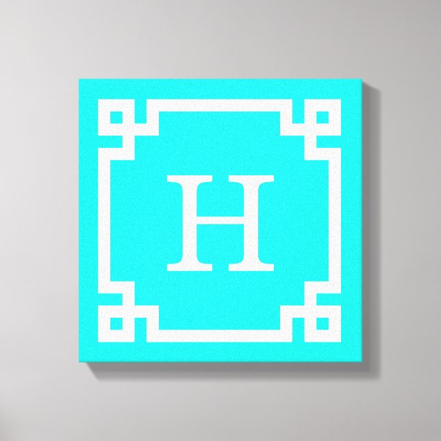 Bright Aqua White Greek Key #2 Framed Monogram Canvas Print (Front)