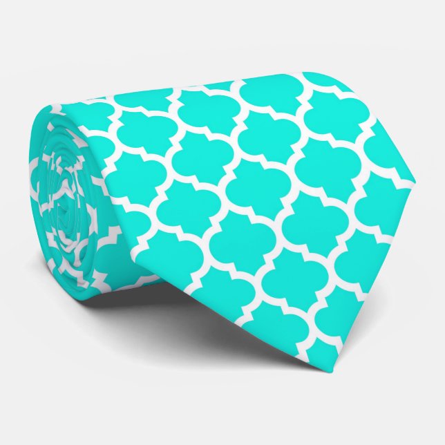 Bright Aqua White Moroccan Quatrefoil Pattern #5 Tie (Rolled)