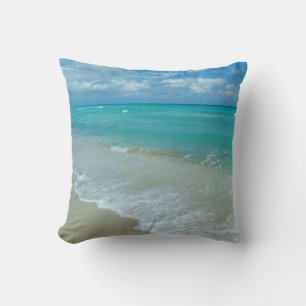 Bright Aqua White Waves Crashing on Beach Shore Throw Pillow