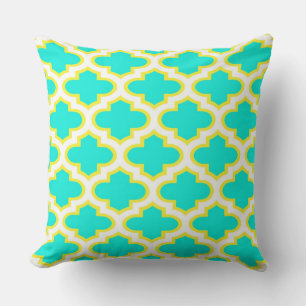 Bright Aqua, Yellow, White Quatrefoil Pattern #3 Throw Pillow