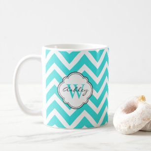 Bright Aquamarine Chevron Stripes with Monogram Coffee Mug