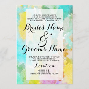 Bright artistic teal watercolor colourful wedding invitation