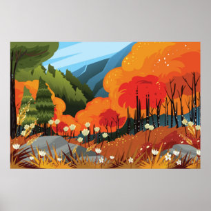 Bright Autumn Landscape Illustration Poster