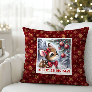 Bright Baby Fawn Winter Scene Kids Room Decor Xmas Throw Pillow