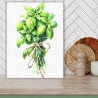 Bright Basil Watercolor Fresh Herb Art for Kitchen