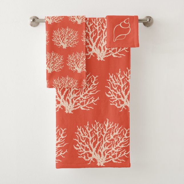 Bright Beach Coral Bathroom Towel Set (Insitu)