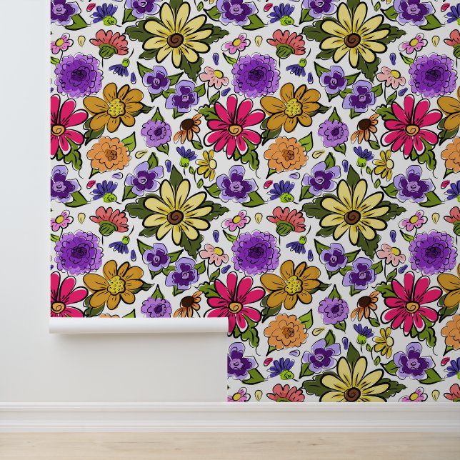 Bright Beautiful Boho Flowers Large Repeat Wallpaper (Application)