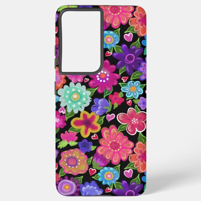 Bright Beautiful Boho Flowers on Black Samsung Galaxy S21+ Case (Back)