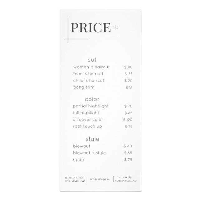 Bright Beauty Salon Price List Rack Card (Front)