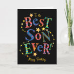 Bright Birthday Card for Best Son Ever on Black<br><div class="desc">A bright and cheerful Birthday Card for a 'Best Son Ever!',  with bold,  patterned lettering on a black background,  surrounded by trails of stars. A digital design,  suitable for any age,  by Judy Adamson.</div>