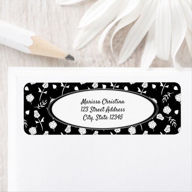 Bright Black and White Floral Pattern Label (Insitu)