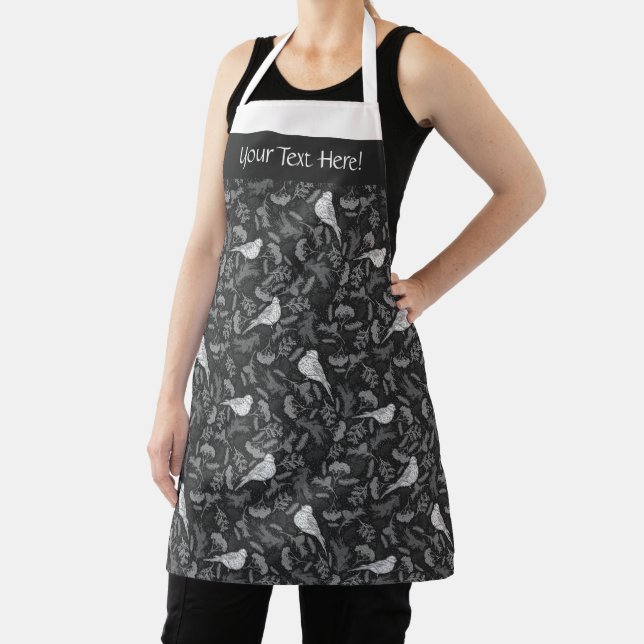 Bright Black and Winter White Birds Floral Pattern Apron (Insitu)