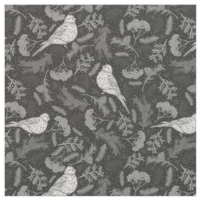 Bright Black and Winter White Birds Floral Pattern Fabric (Close Up)