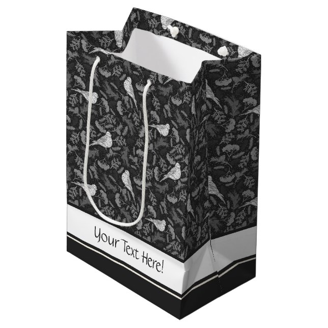 Bright Black and Winter White Birds Floral Pattern Medium Gift Bag (Front Angled)