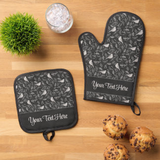Bright Black and Winter White Birds Floral Pattern Oven Mitt & Pot Holder Set