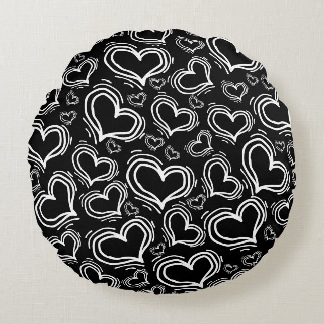 BRIGHT BLACK WITH WHITE HEARTS AND FLOWERS ROUND PILLOW (Front)