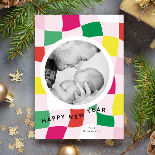 Bright Blocks Modern Plaid Happy New Year Photo Holiday Card