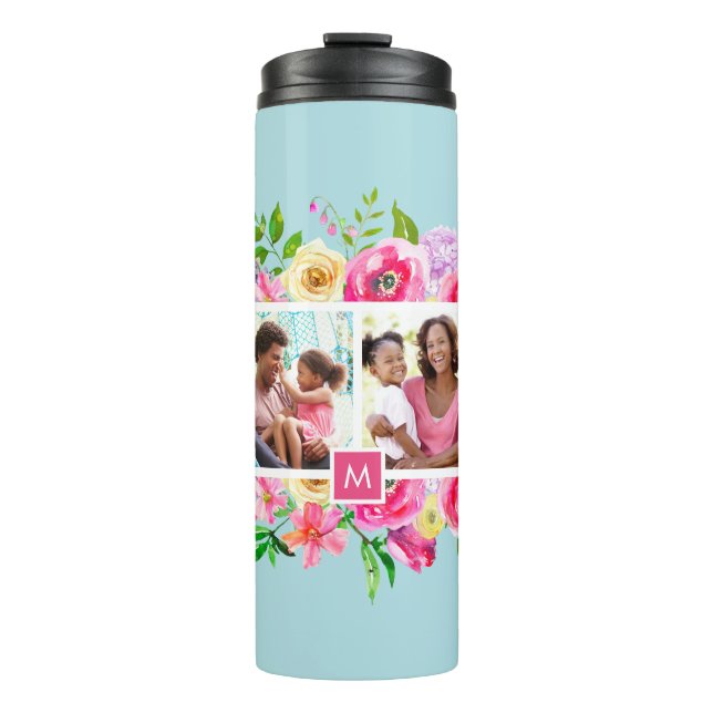 Bright Blooms 4 Photo Collage Monogrammed Thermal Tumbler (Front)