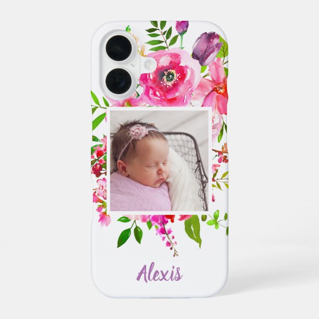 Bright Blooms Custom Photo Monogram iPhone 16 Case (Back)