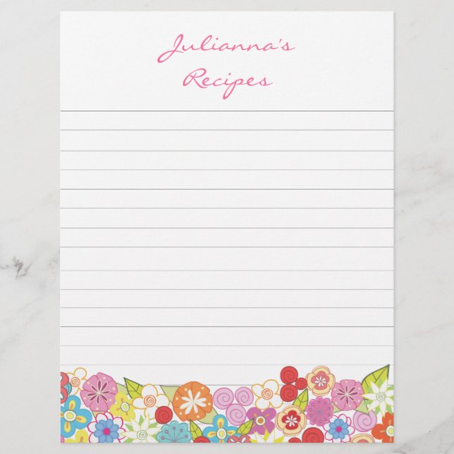 Bright Blossoms Recipe Binder Insert Letter Pages (Front)