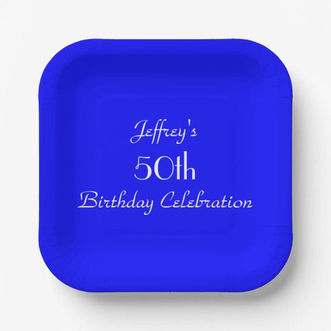 Bright Blue, 50th Birthday Party Minimalist Square Paper Plate (Front)