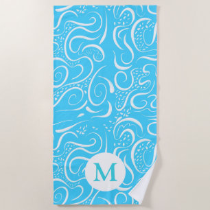 Bright Blue Abstract Swirls Pattern Monogram Beach Towel
