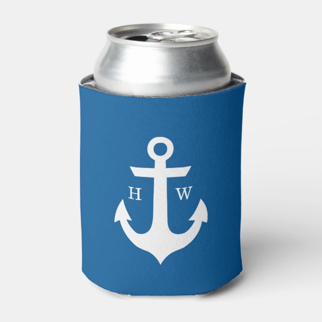 Bright Blue Anchor Monogrammed Can Cooler (Can Front)