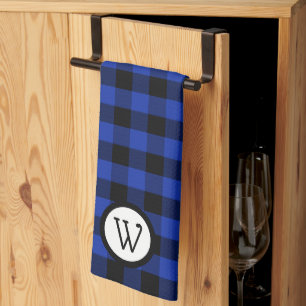Bright Blue and Black  Buffalo Plaid with Monogram Kitchen Towel