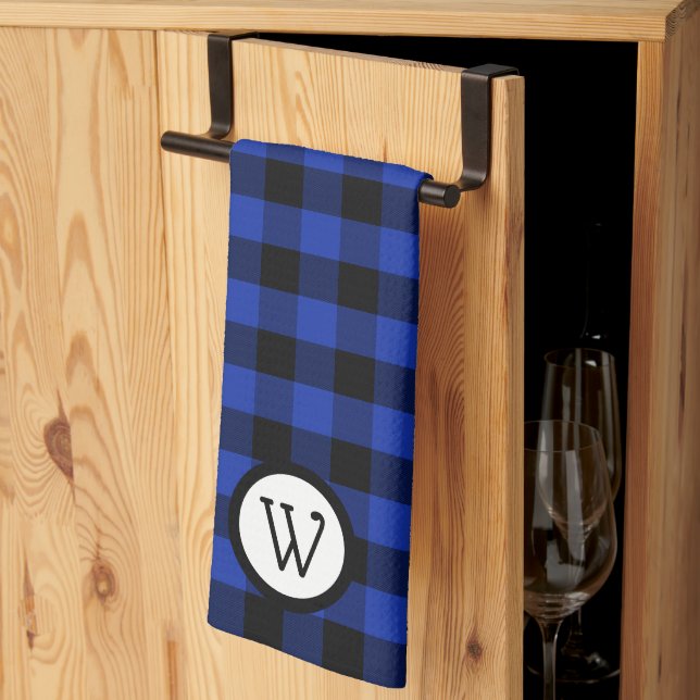 Bright Blue and Black  Buffalo Plaid with Monogram Kitchen Towel (Thirds Fold)