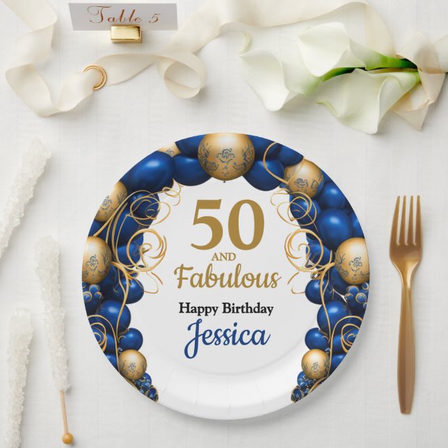 Bright Blue and Flat Gold Birthday Party Paper Plate (Wedding)